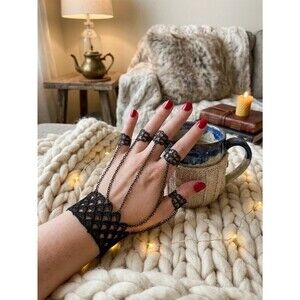 Halloween Witchy Black Lace Finger Ring Bracelet
